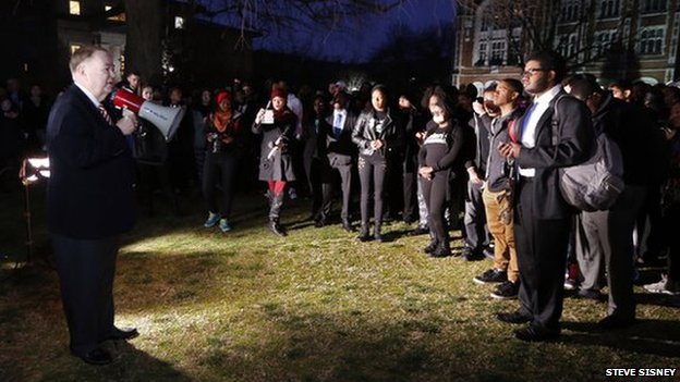 President of Oklahoma talks to students at a rally